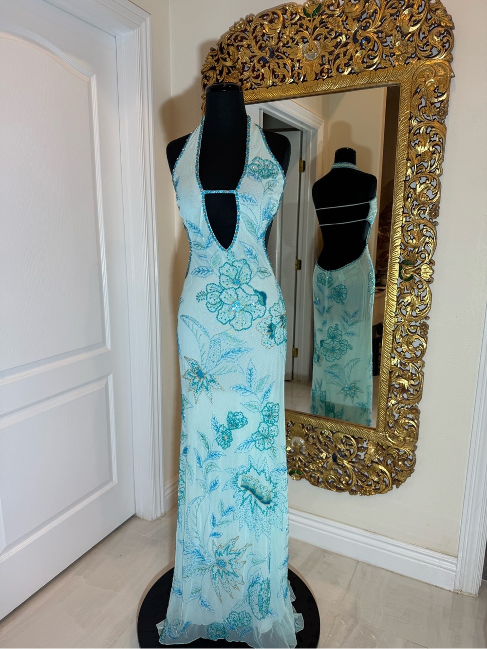 Elegant Light Blue  hand, beaded, and hand embroidered Halter Evening Gown. WOW - Picture 3 of 14